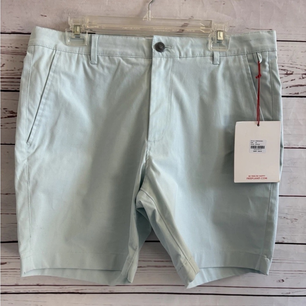 Free Planet Mens Flat Front Stretch Chino Shorts Ice Blue 34” Waist 7.5” Inseam